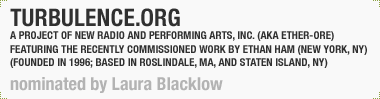 Turbulence.org, A Project of New Radio and Performing Arts, Inc. (aka Ether-Ore)
[Featuring the recently commission work by Ethan Ham (New York, NY)]
(Founded 1996; Based in Roslindale, MA and Staten Island, NY)	
Nominated by Laura Blacklow